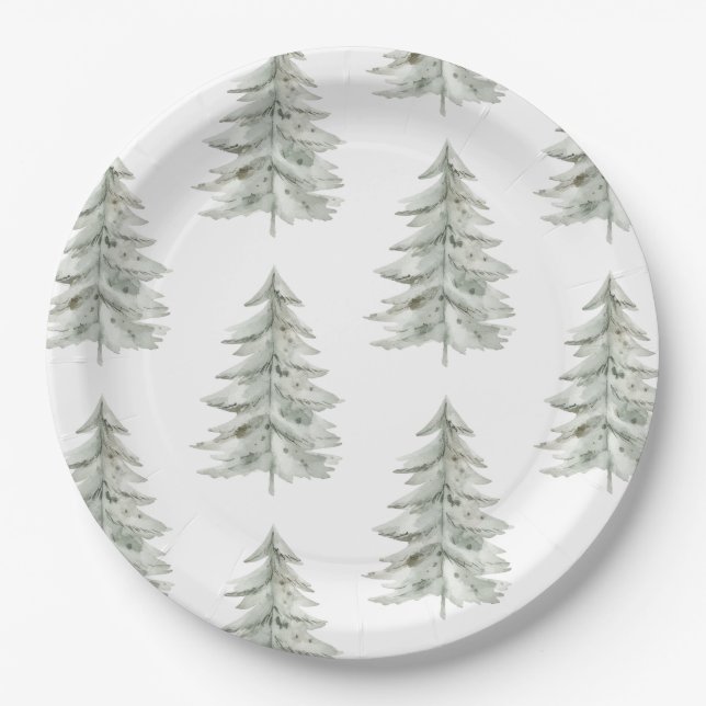 Christmas White Green Trees Paper Plates (Front)