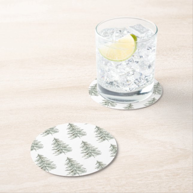 Christmas White Green Trees Round Paper Coaster (Insitu)