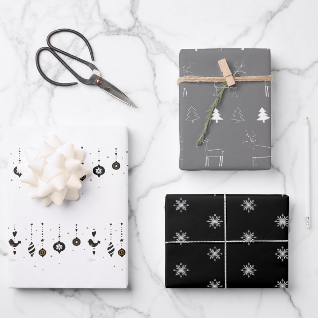 Christmas White Grey and Black Woodlands Animals Wrapping Paper Sheets (Front)