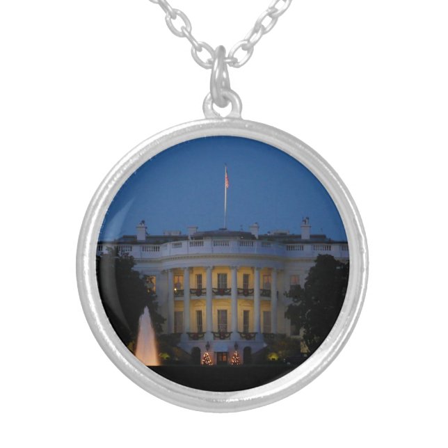 Christmas White House at Night in Washington DC Silver Plated Necklace (Front)