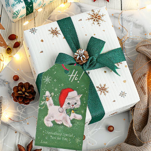 Christmas White Kitten Green Bow Gold Bells Gift Tags