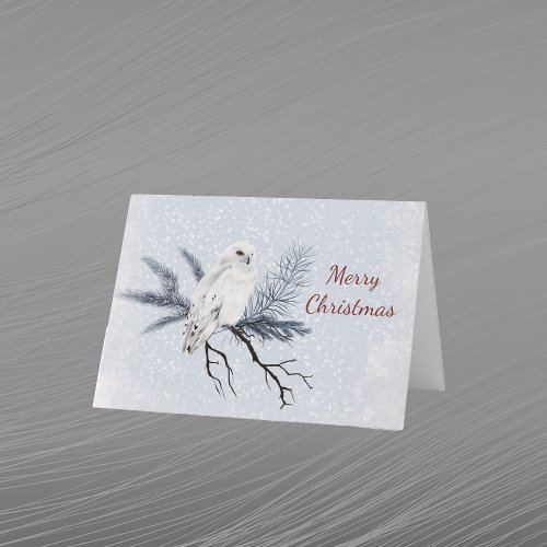 Christmas White Owl Pine Branch Watercolor  Holiday Card