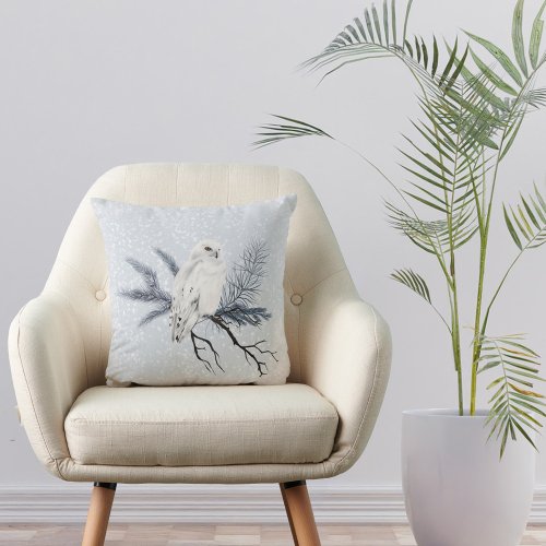 Christmas White Owl Pine Branch Watercolor Throw Pillow