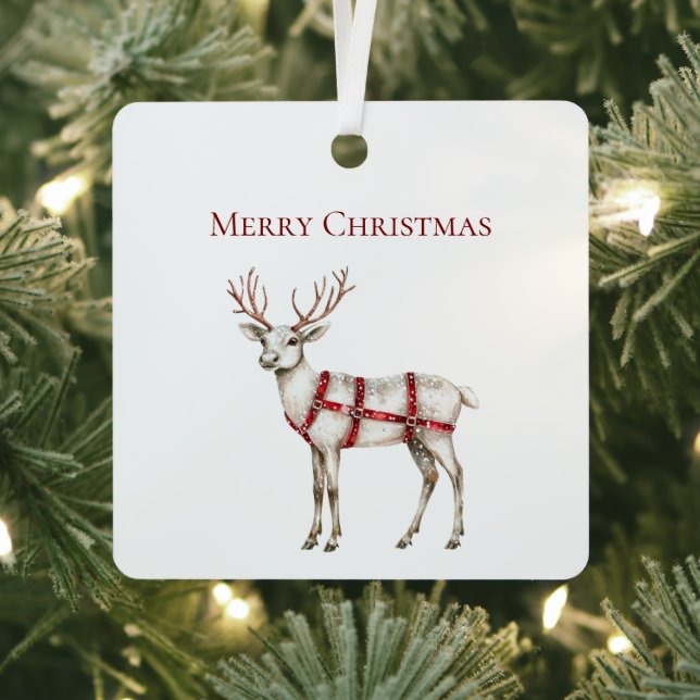 Christmas White Peppermint Deer Metal Ornament (Insitu)