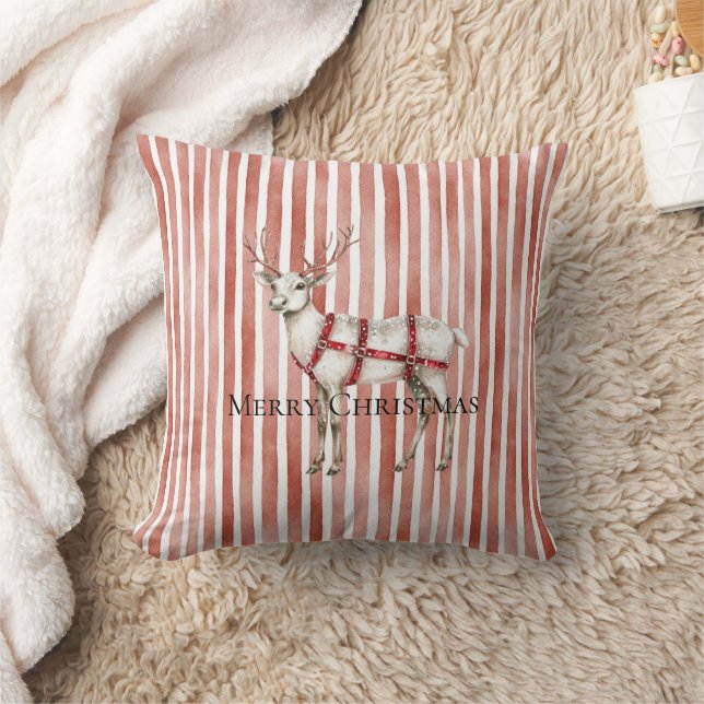 Christmas White Peppermint Deer Throw Pillow (Blanket)