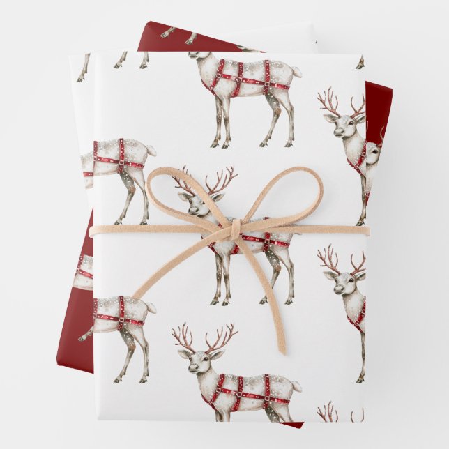 Christmas White Peppermint Deer Wrapping Paper Sheets (In situ)