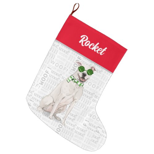 Christmas White Pit Bull with Dogs Name Large Christmas Stocking