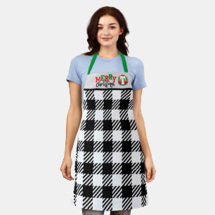Christmas White Plaid Aprons, Custom Monogram Apron