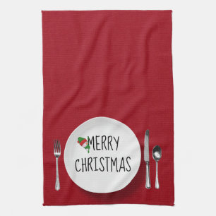 Christmas White Plate and Silverware Kitchen Towel