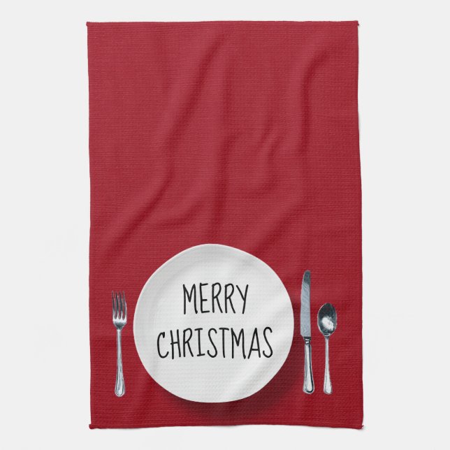 Christmas White Plate and Silverware Kitchen Towel (Vertical)