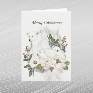 Christmas White Polar Bears Floral Watercolor Holiday Card