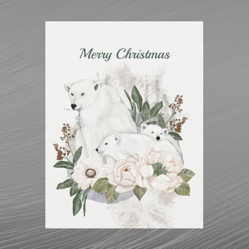 Christmas White Polar Bears Floral Watercolor Holiday Postcard