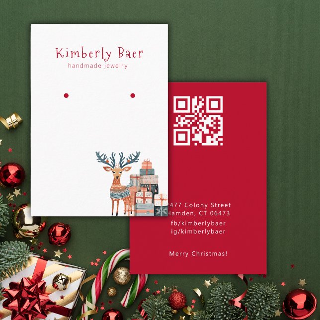 Christmas White Red Earring QR Code Display Business Card (Creator Uploaded)
