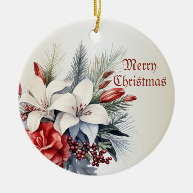Christmas White Red Flowers Holidays Elegant Ceramic Ornament (Front)