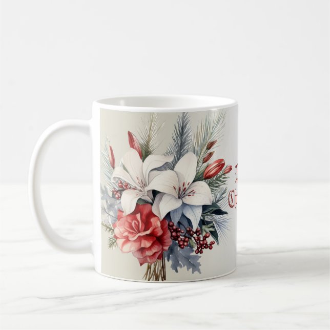 Christmas White Red Flowers Holidays Elegant Coffee Mug (Left)