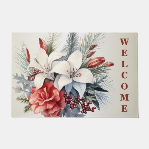 Christmas White Red Flowers Holidays Elegant Doormat