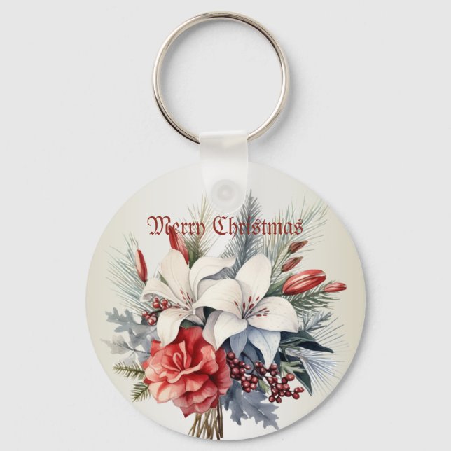 Christmas White Red Flowers Holidays Elegant Keychain (Front)
