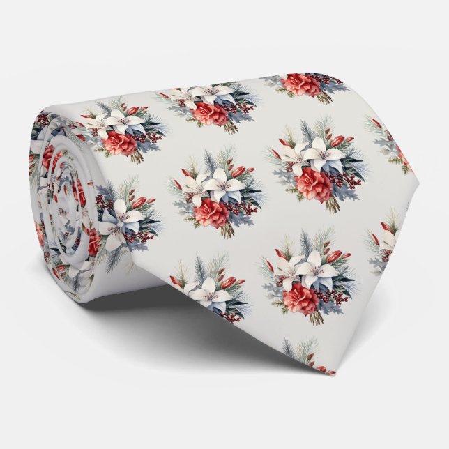 Christmas White Red Flowers Holidays Elegant Neck Tie (Rolled)