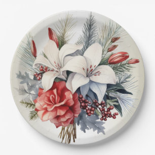 Christmas White Red Flowers Holidays Elegant Paper Plates