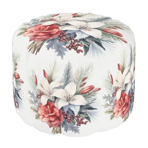 Christmas White Red Flowers Holidays Elegant Pouf