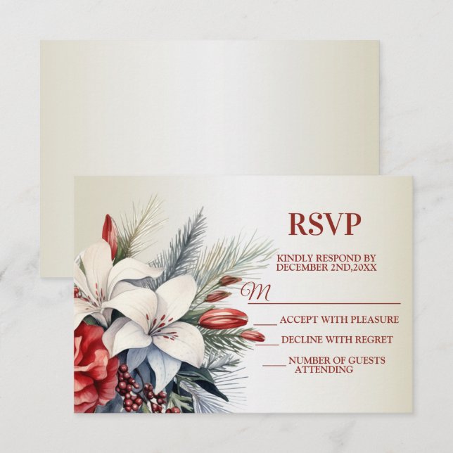 Christmas White Red Flowers Holidays Elegant RSVP Card (Front/Back)