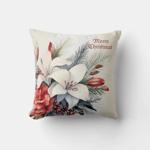 Christmas White Red Flowers Holidays Elegant Throw Pillow