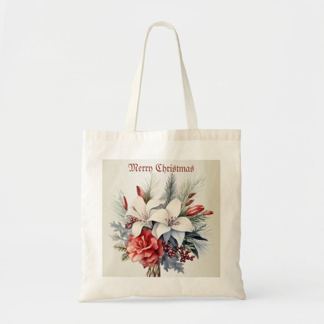 Christmas White Red Flowers Holidays Elegant Tote Bag (Front)