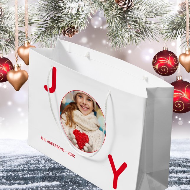 Christmas white red joy photo simple minimalist large gift bag (Creator Uploaded)