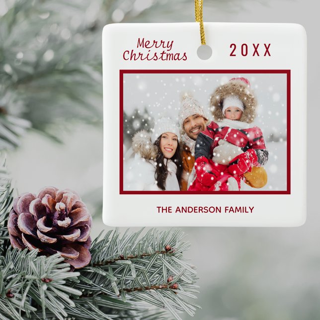 Christmas white red photo family elegant simple ceramic ornament (Creator Uploaded)