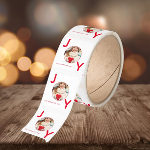 Christmas white red photo joy square sticker