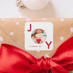 Christmas white red photo joy square sticker<br><div class="desc">A simple modern minimalist Christmas sticker in red and white.  A chic white background,  with the word JOY written with red bold letters.  The letter O is used as a photo frame.  Personalize and add your own family photo,  name and year.</div>