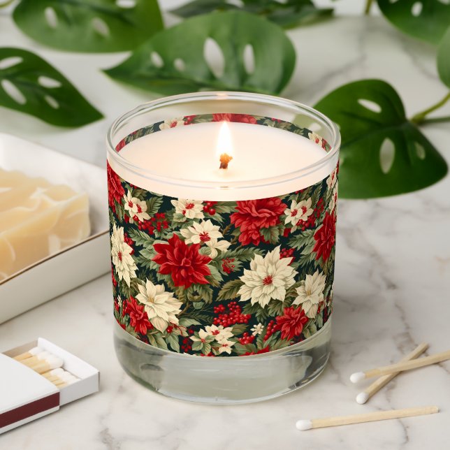 Christmas White Red Poinsettia Flower Holly Berry Scented Candle (Lit)