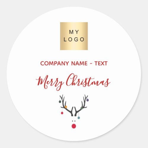 Christmas white red reindeer business logo classic round sticker