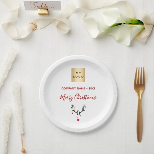 Christmas white red reindeer business logo paper plates