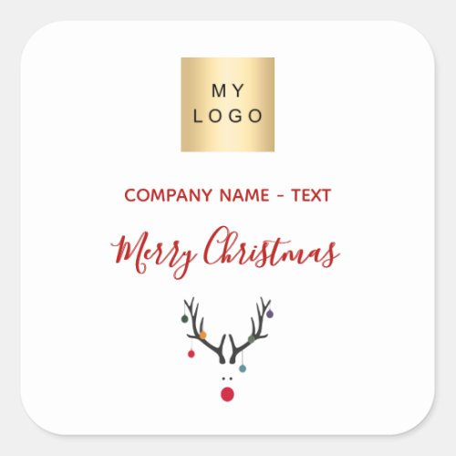 Christmas white red reindeer business logo square sticker