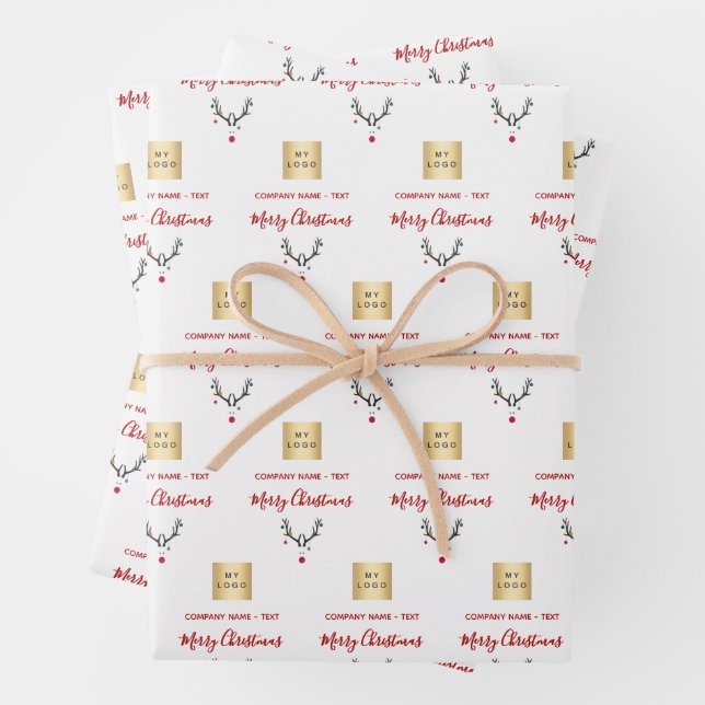 Christmas white red reindeer business logo wrapping paper sheets (In situ)