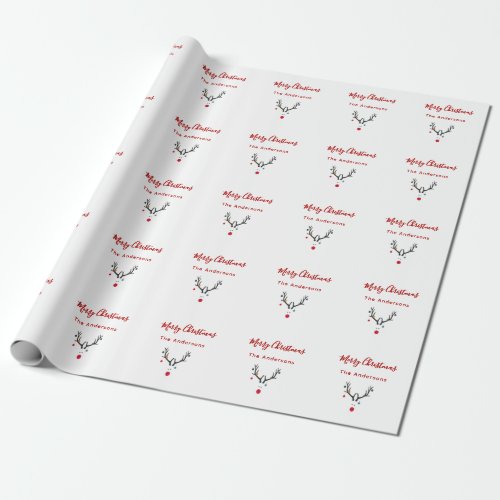 Christmas white red reindeer family name pattern wrapping paper