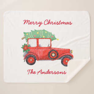 Christmas White Red Truck Holiday Sherpa Blanket