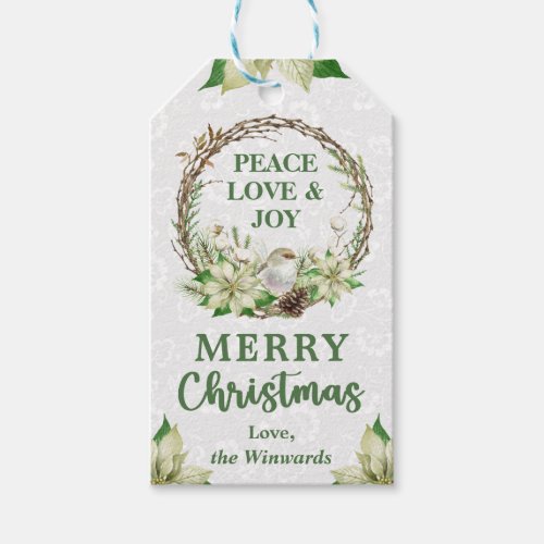 Christmas White Robin and Winter Poinsettia Wreath Gift Tags