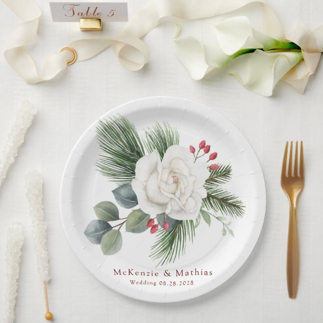Christmas White Rose and Red Berries Pine Wedding Paper Plates (Wedding)