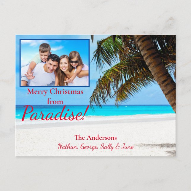 Christmas white sand blue water palm tree & you! postcard (Front)
