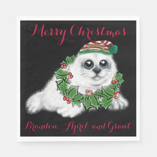 Christmas white seal pup, festive Arctic animal   Napkins (Front)