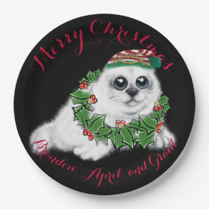 Christmas white seal pup, festive Arctic animal    Paper Plates