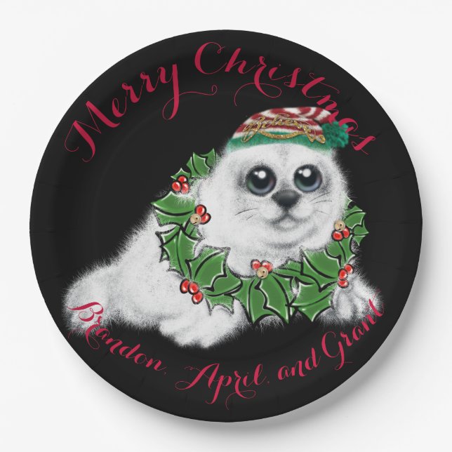 Christmas white seal pup, festive Arctic animal    Paper Plates (Front)