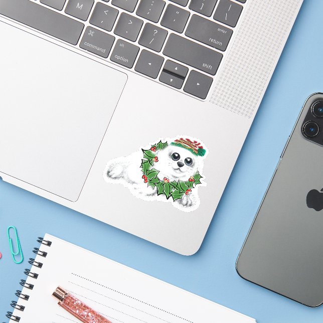 Christmas white seal pup, festive Arctic animal    Sticker (Laptop w/ iPhone)
