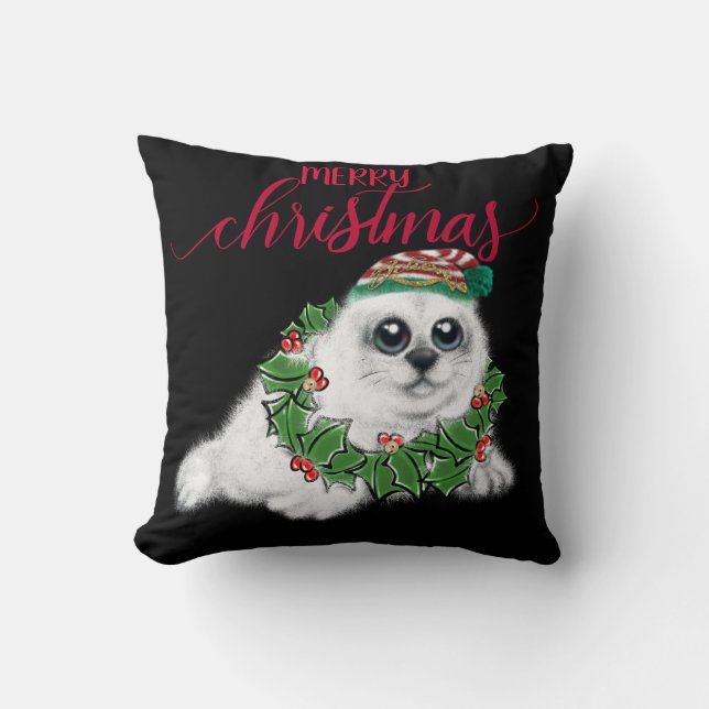 Christmas white seal pup, festive Arctic animal Th Throw Pillow (Front)