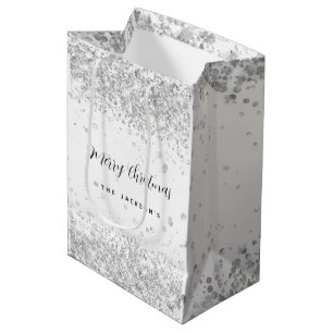 Christmas white silver sparkles name medium gift bag