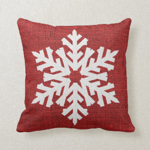 Christmas White Snowflake on Red Burlap Throw Pillow