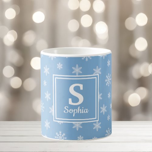 Christmas white snowflakes Baby blue monogram Coffee Mug