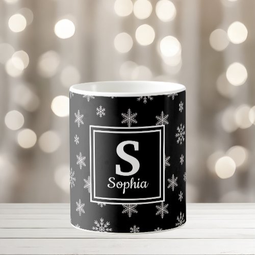 Christmas white snowflakes black monogram coffee mug